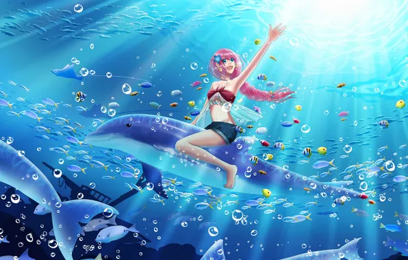 Flower, girl, fish, bubbles, the ocean, anime, art, dolphins