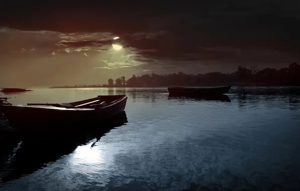 The sky, water, trees, sunset, clouds, river, boats