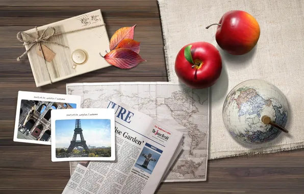 Picture leaves, photo, Apple, map, Table, fabric, Atlas, letters