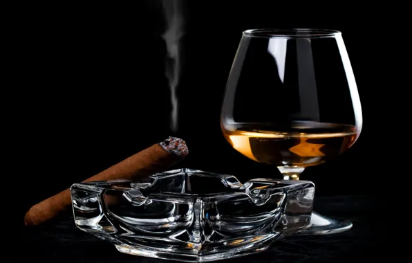 Smoke, glass, cigar, black background, cognac, ashtray