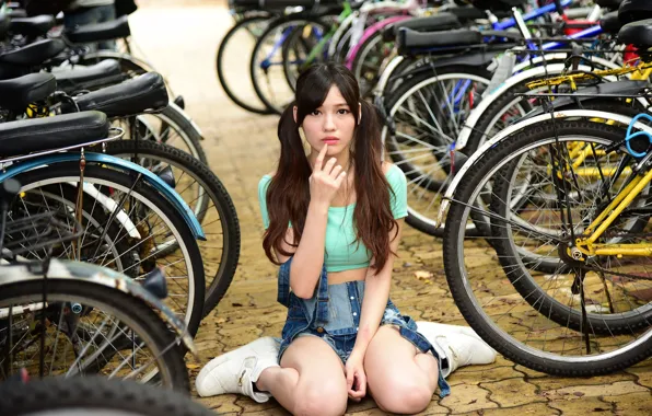 Picture girl, bike, face, model, hair, braids, sitting