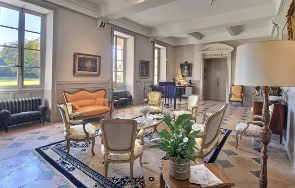 Design, style, castle, piano, living room, 18th century, French chateau in the wine capital of …