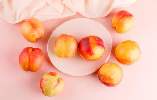Plate, fabric, fruit, peaches, pink background, saucer, composition, nectarines