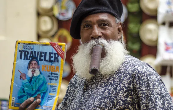 Picture mustache, man, cigar, journal, Cuba, Havana