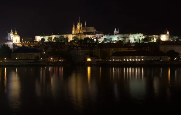 Night, the city, lights, darkness, shore, view, Prague, Czech Republic
