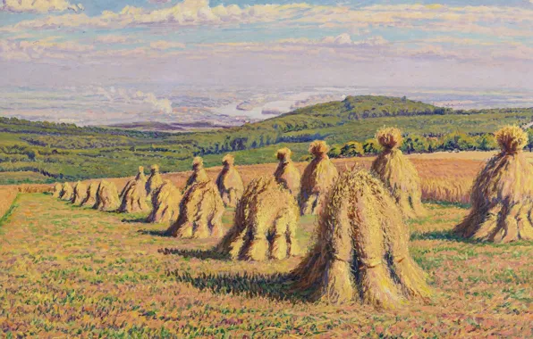 Field, landscape, picture, stack, hay, Gustave Cariot, Gustave Cairo