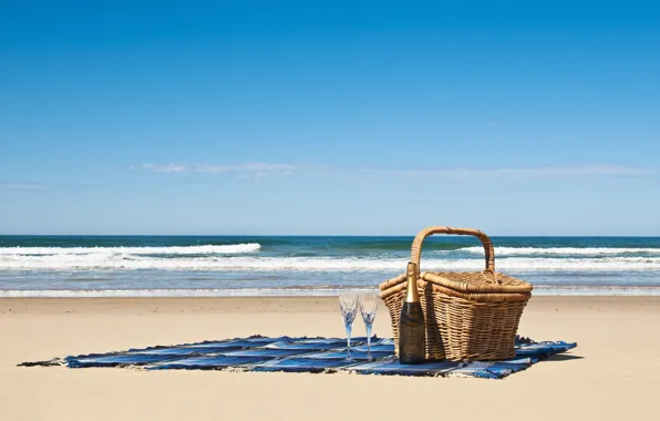 Sand, sea, beach, wine, basket, coast, bottle, blanket