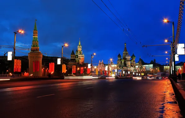 Road, night, bridge, the city, lights, the evening, Moscow, The Kremlin