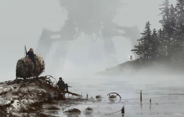 Gun, game, weapon, machine, lake, fog, man, Scythe
