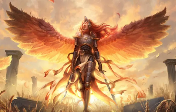 Picture Valkyrie, burning eyes, valkyrie, swords in the hands, Magic the Gathering, armor plate, wingspan