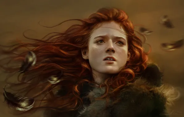 Picture girl, face, feathers, art, freckles, red, Game of Thrones, Ygritte