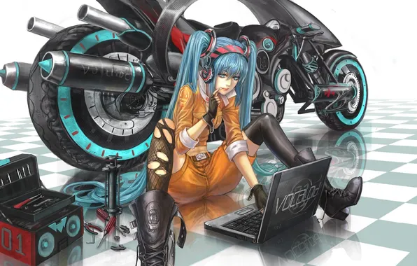 Girl, anime, headphones, art, motorcycle, laptop, vocaloid, hatsune miku