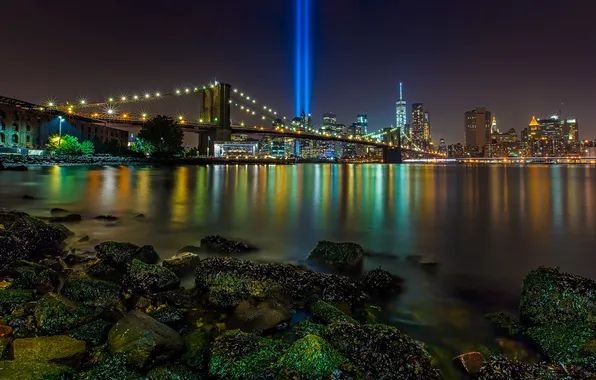 Rays, bridge, Strait, stones, New York, Brooklyn bridge, night city, Manhattan