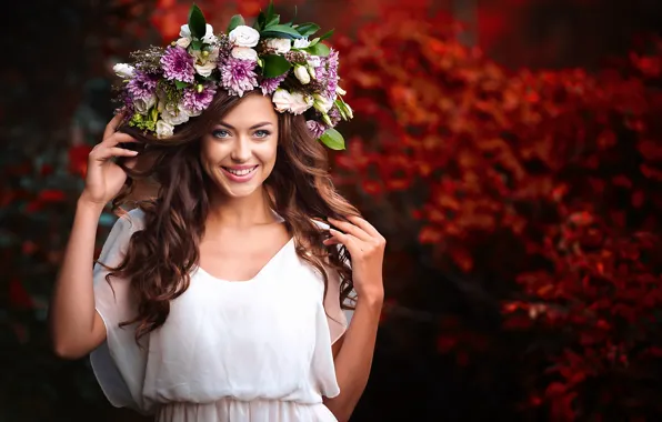 Girl, joy, flowers, smile, mood, brown hair, wreath, bokeh