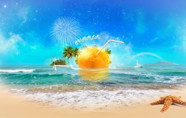 Sea, beach, the sun, orange, digital, sea, art, orange