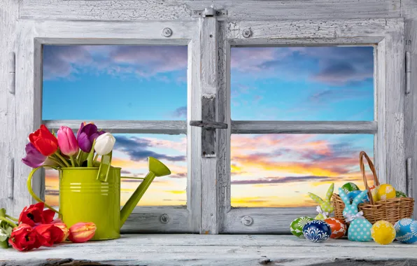 Picture flowers, eggs, spring, window, Easter, tulips, flowers, tulips