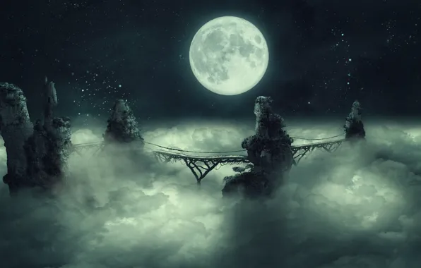 The sky, clouds, mountains, night, bridge, the city, fog, stones