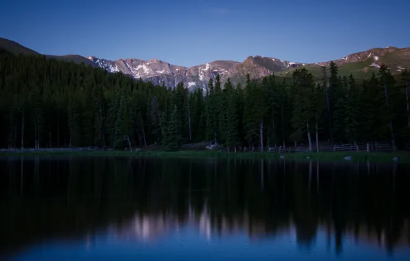 Forest, trees, mountains, reflection, the evening, pond