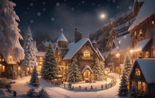 Winter, forest, snow, night, house, Christmas, New year, house