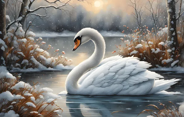 Winter, snow, bird, shore, Swan, pond, AI art, neural network