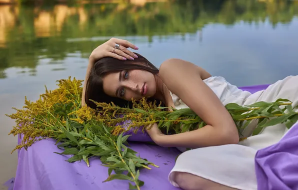 Look, girl, flowers, face, pose, river, mood, hands