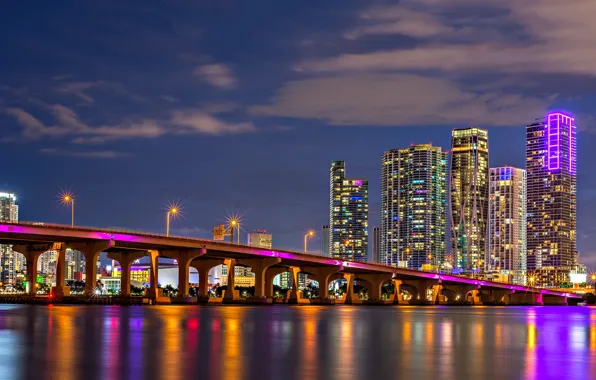 Picture bridge, building, Miami, FL, Bay, night city, Miami, skyscrapers