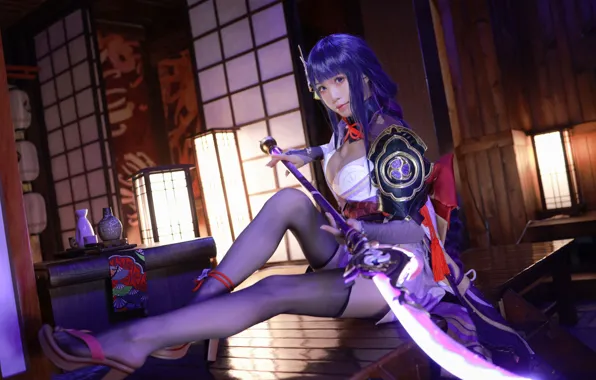 Pose, weapons, room, stockings, Asian, Aqua, cosplay, vases