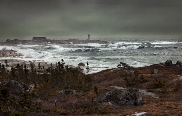 Storm, lighthouse, Nova Scotia, Peggy's Cove