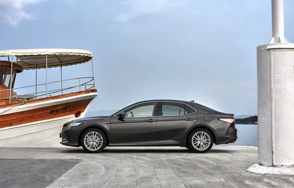 Picture shore, pier, Toyota, sedan, side view, the ship, Hybrid, Camry