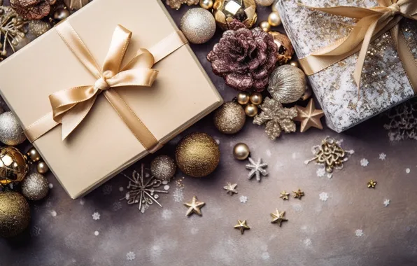 Decoration, background, balls, New Year, Christmas, gifts, golden, new year