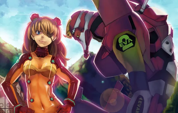 Picture girl, the sun, mountains, nature, smile, mood, robot, neon genesis evangelion