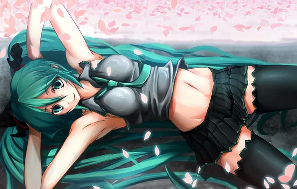 Girl, skirt, stockings, lies, hatsune miku, green hair, Vocaloid