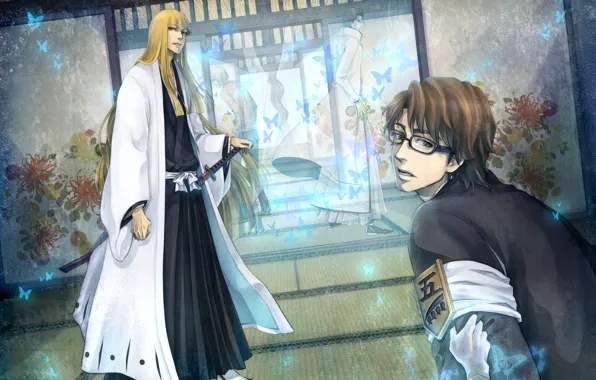 Weapons, butterfly, katana, kimono, bleach, hirako shinji, aizen sousuke