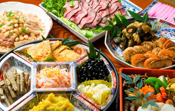 Vegetables, seafood, Japanese cuisine, meals, cuts
