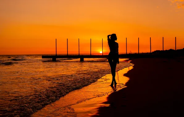 Girl, sunset, silhouette, surf, legs, Vitaly Skitaev