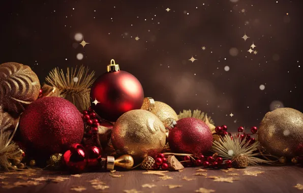 Background, balls, New Year, Christmas, red, golden, new year, happy