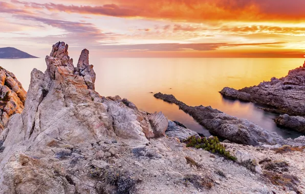 Sunset, rocks, coast, France, Calvi Corse