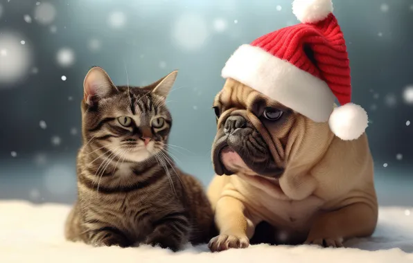Winter, cat, look, snow, pose, kitty, grey, dog