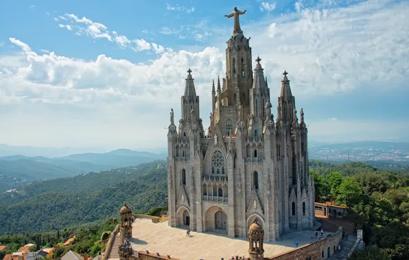 Picture the sky, trees, hill, Church, architecture, Spain, Barcelona