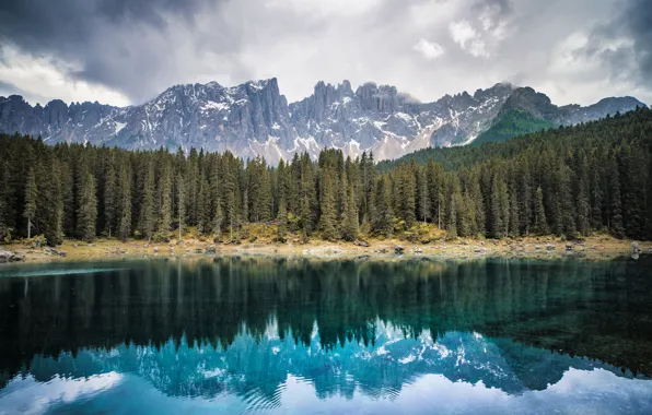 Forest, mountains, lake, Italy, Bolzano, Lake Carezza