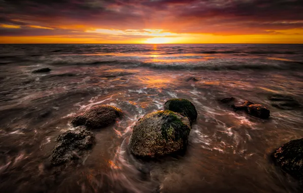 Sea, the sky, the sun, clouds, sunset, stones, shore, dal