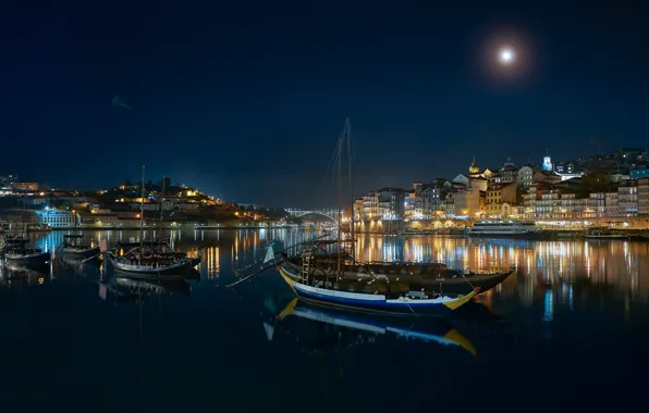 Night, the city, boats, port, Portugal, pond, Port