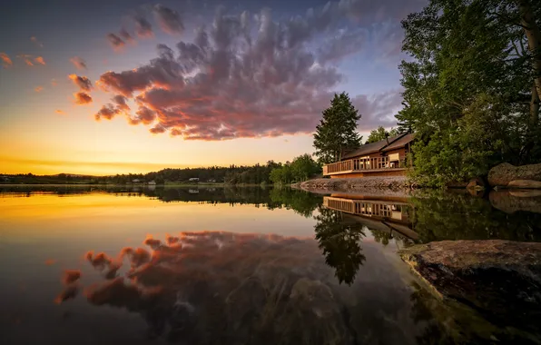 Forest, the sky, clouds, light, trees, lake, house, reflection