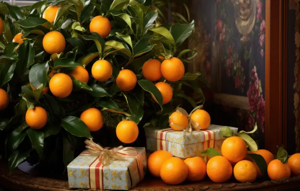 Leaves, branches, table, oranges, picture, harvest, fruit, Christmas