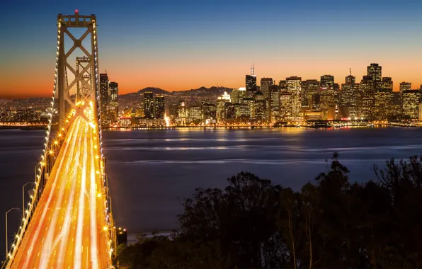 Mountains, night, bridge, the city, lights, dawn, megapolis, San Francisco