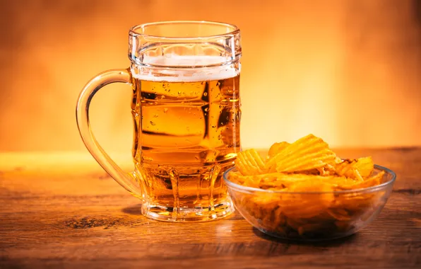 Table, background, beer, mug, bokeh, chips