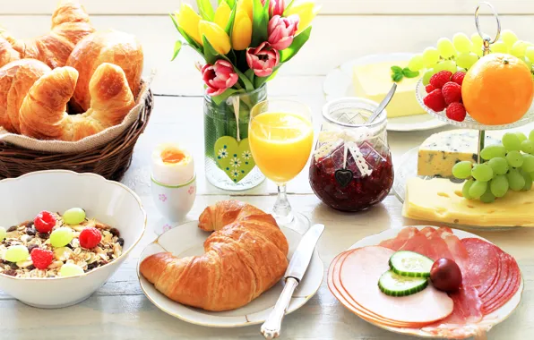 Flowers, food, bouquet, Breakfast, cheese, juice, grapes, tulips