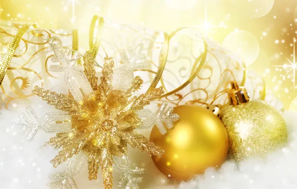 Picture snow, snowflakes, gold, holiday, balls, new year