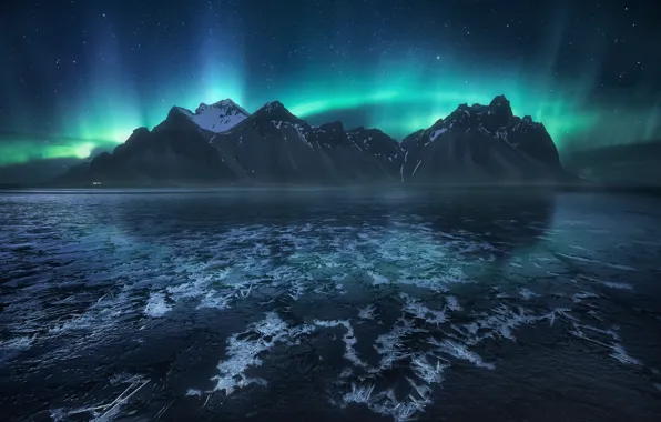 The sky, stars, mountains, night, Northern lights, Iceland, the fjord, Cape