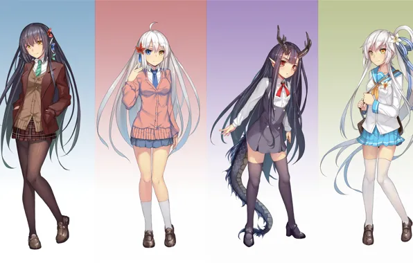 Picture girl, background, skirt, stockings, tail, horns, tights, school uniform